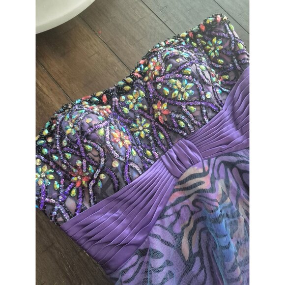 Purple Strapless Sequin Zebra Tulle Dress Size 8 By Jasz Couture - Picture 2 of 7